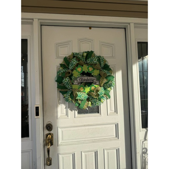 Welcome Shamrock Clover Saint Patrick’s Day Mesh Ribbon Wreath Door Hanger - Picture 9 of 9